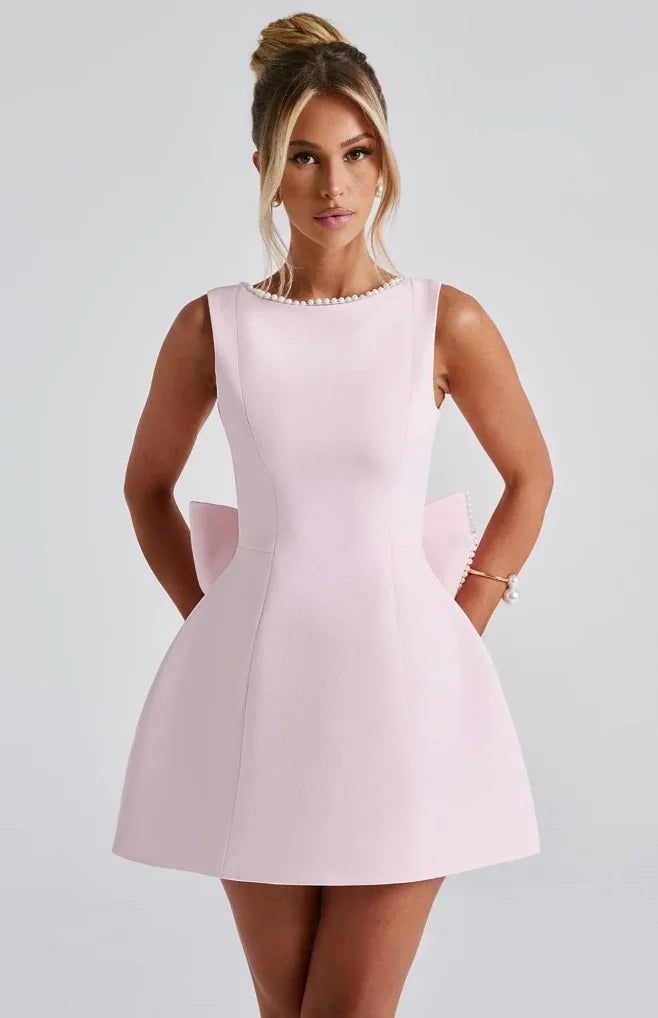 Willa | Open Back Pearl & Bow Mini Dress