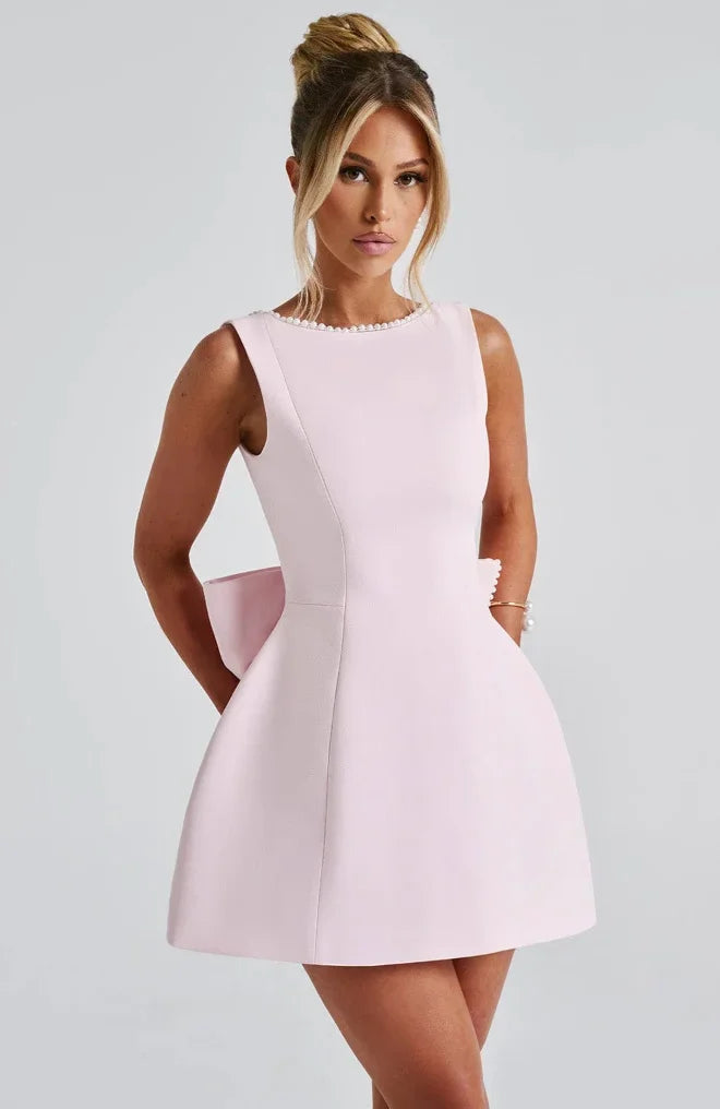 Willa | Open Back Pearl & Bow Mini Dress