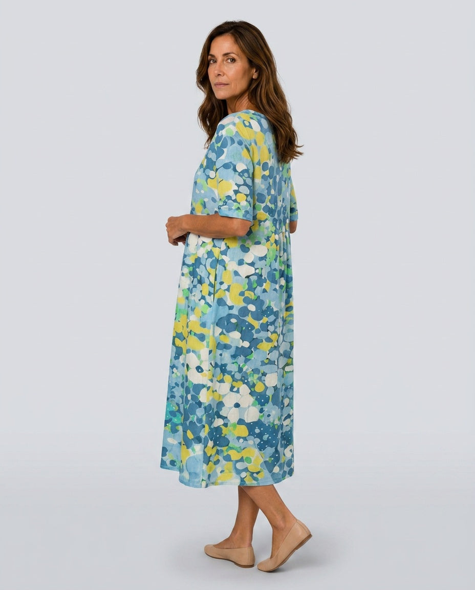Valentina | Abstract Floral Cotton-Linen Midi Dress