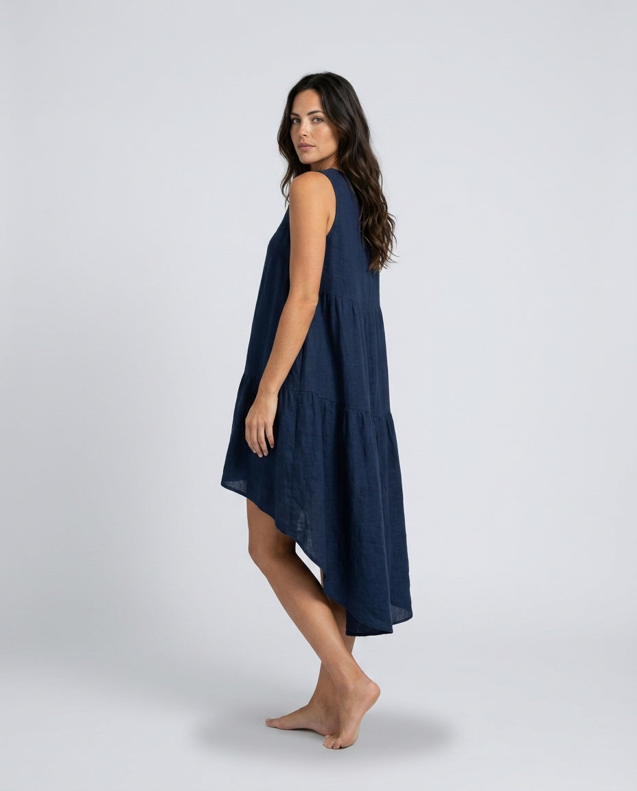 Lena | Sleeveless Linen-Blend Midi with Asymmetric Hem