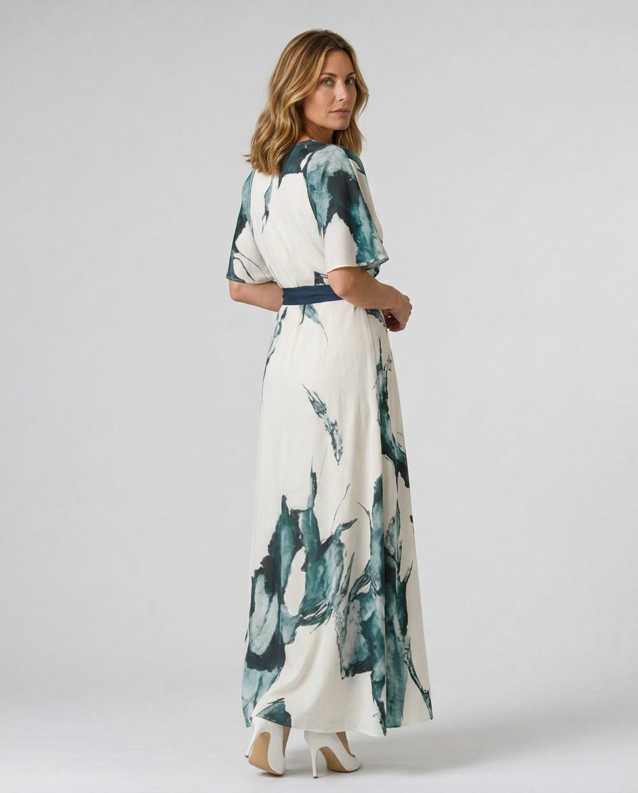 Selene | Abstract Print Belted Flutter Sleeve Maxi Dress