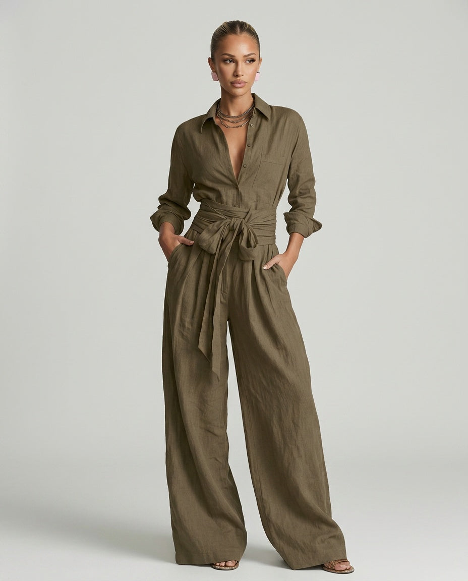Marlowe | Long-Sleeve Shirt Collar Jumpsuit With Belt