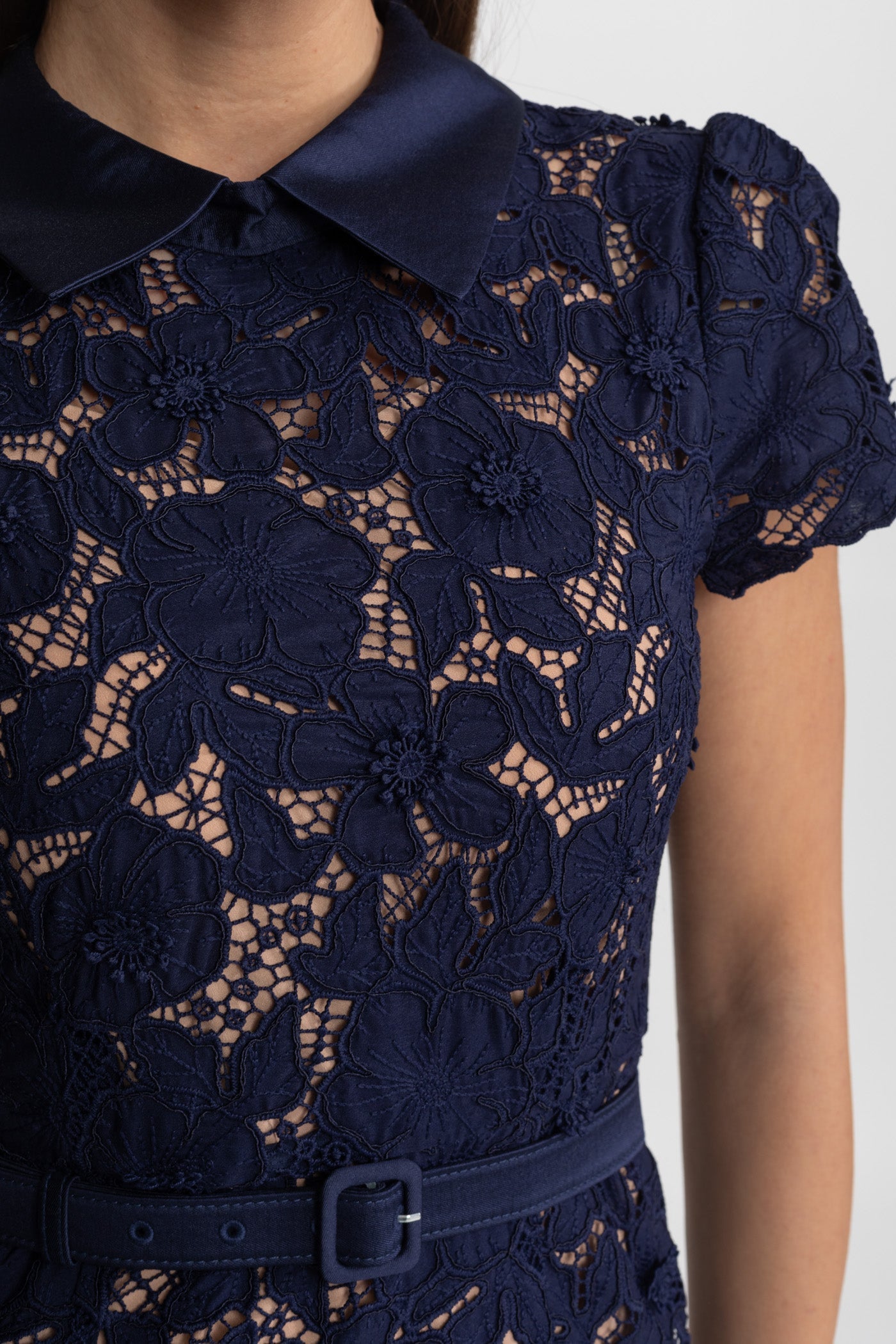 Edith | Collared Lace Belted Midi Dress