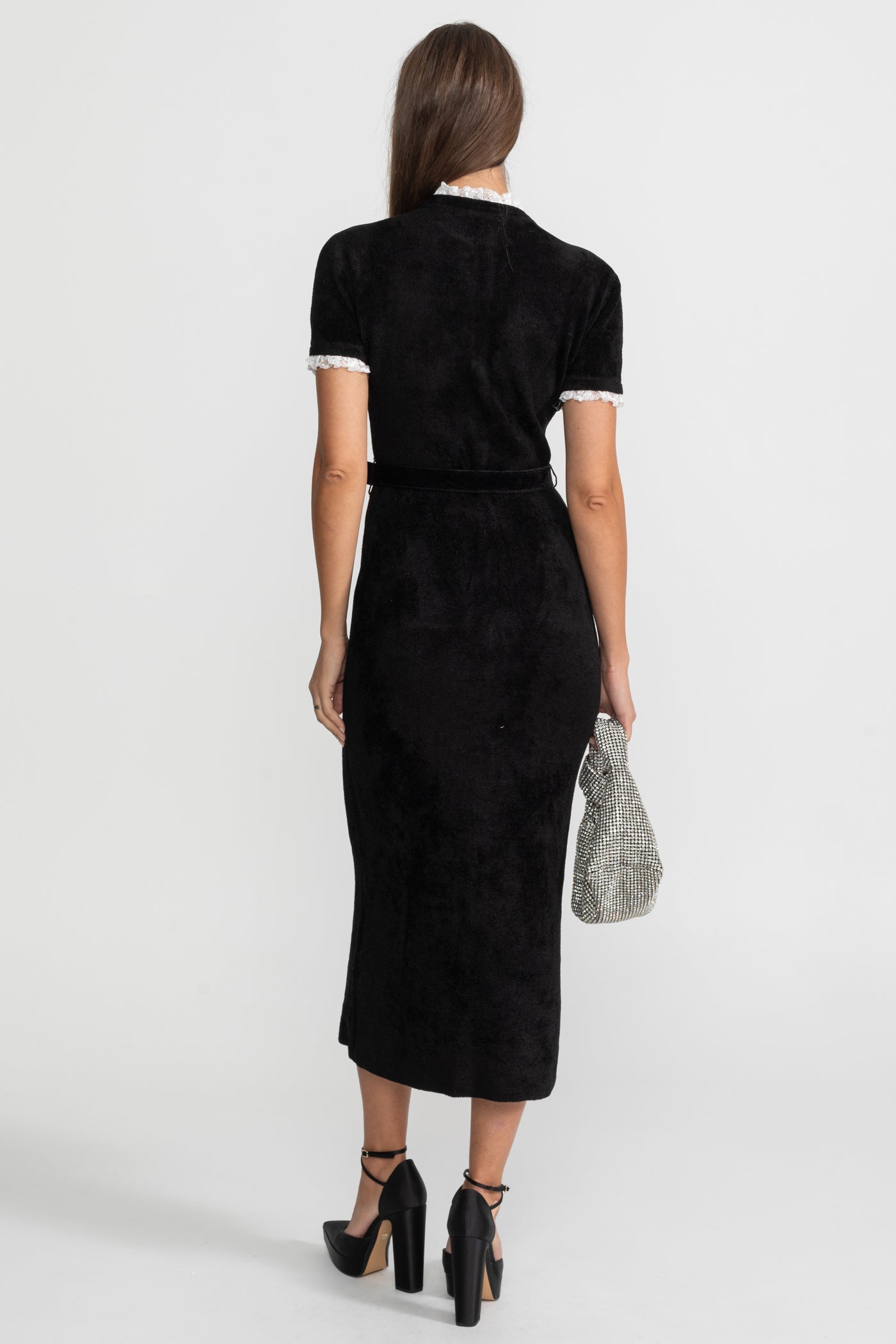 Lucette | Crystal Button Lace Trim Midi Dress