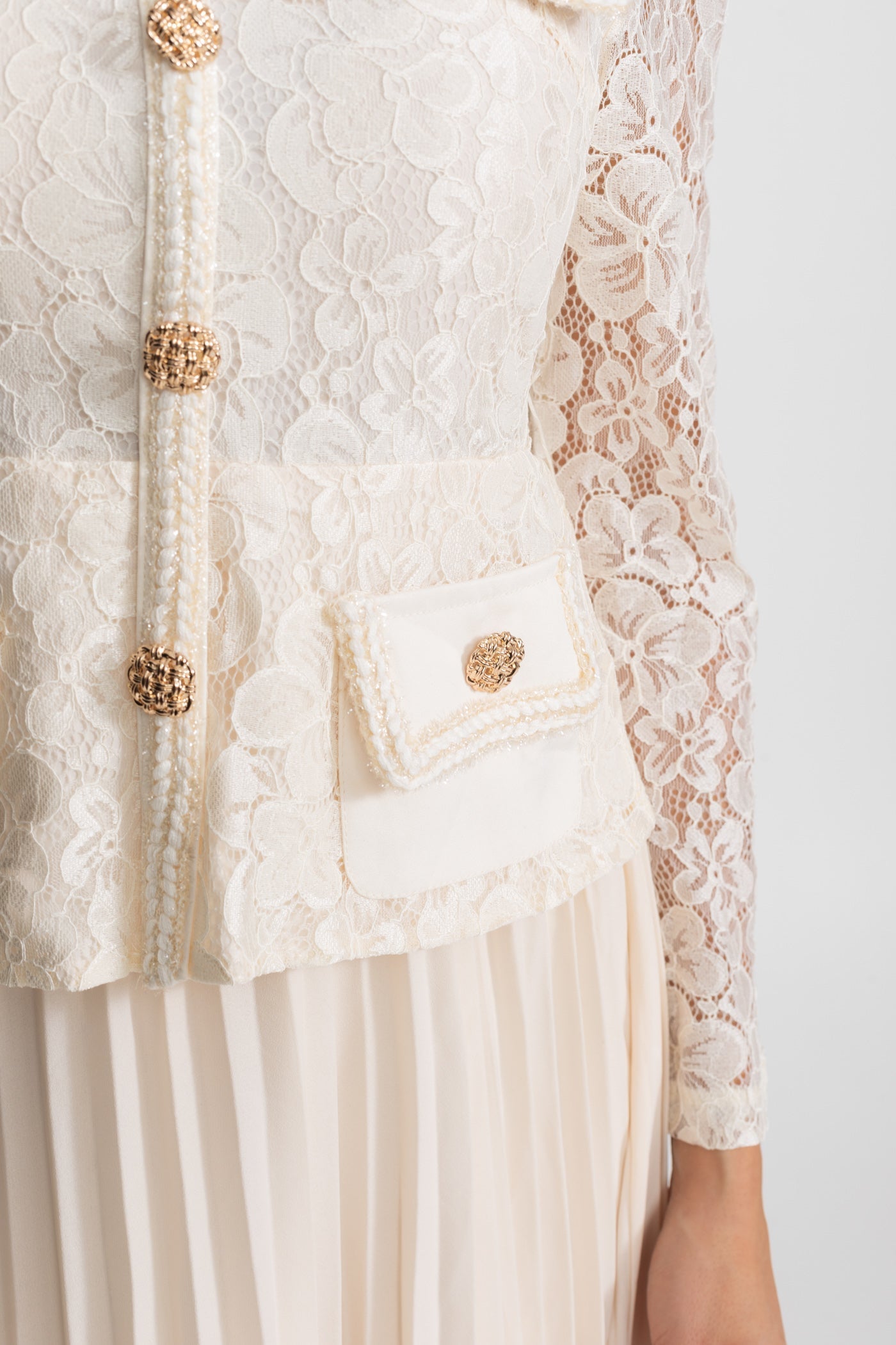 Priya | Lace & Pleated Gold Button Midi Dress