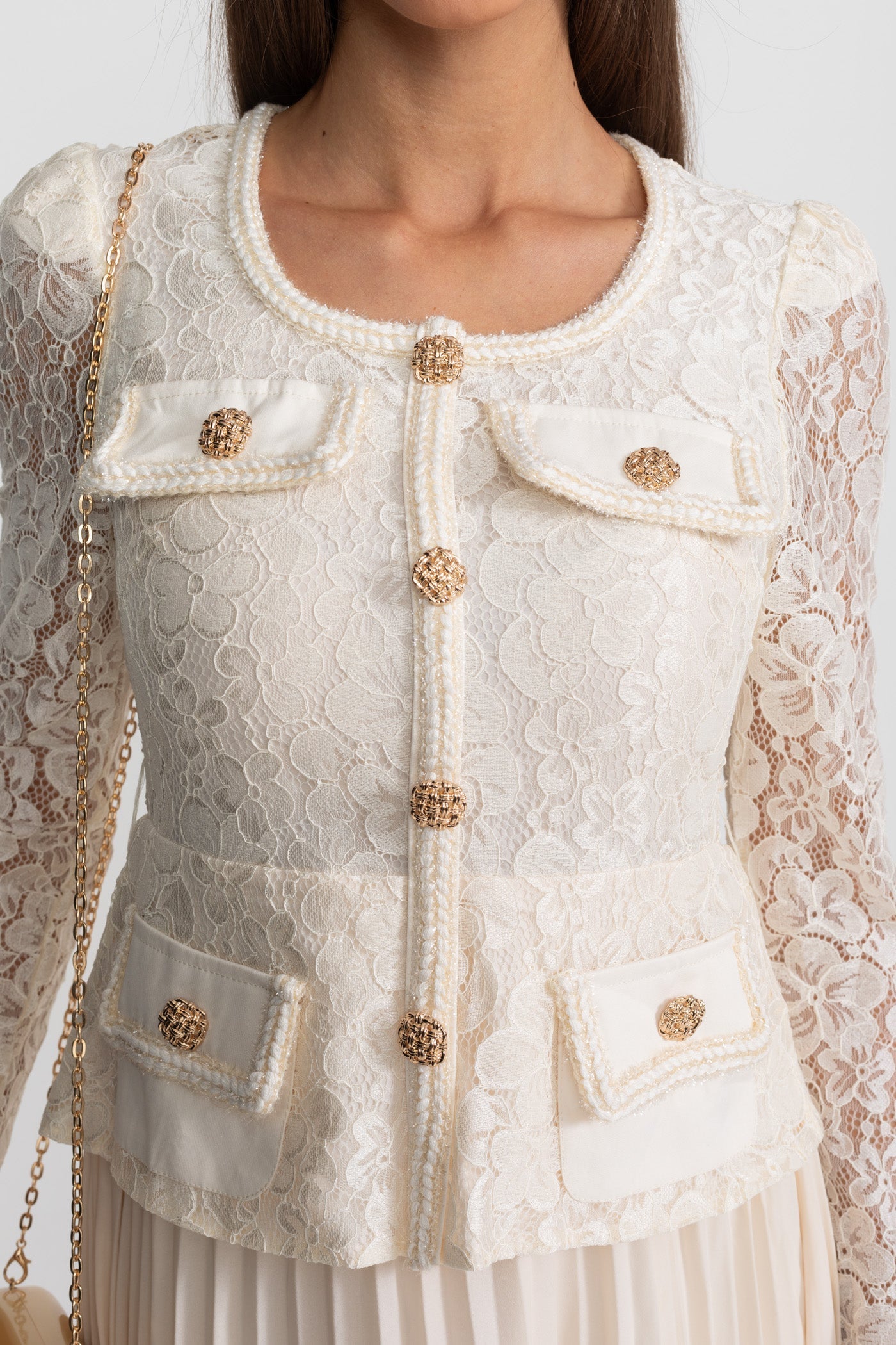 Priya | Lace & Pleated Gold Button Midi Dress