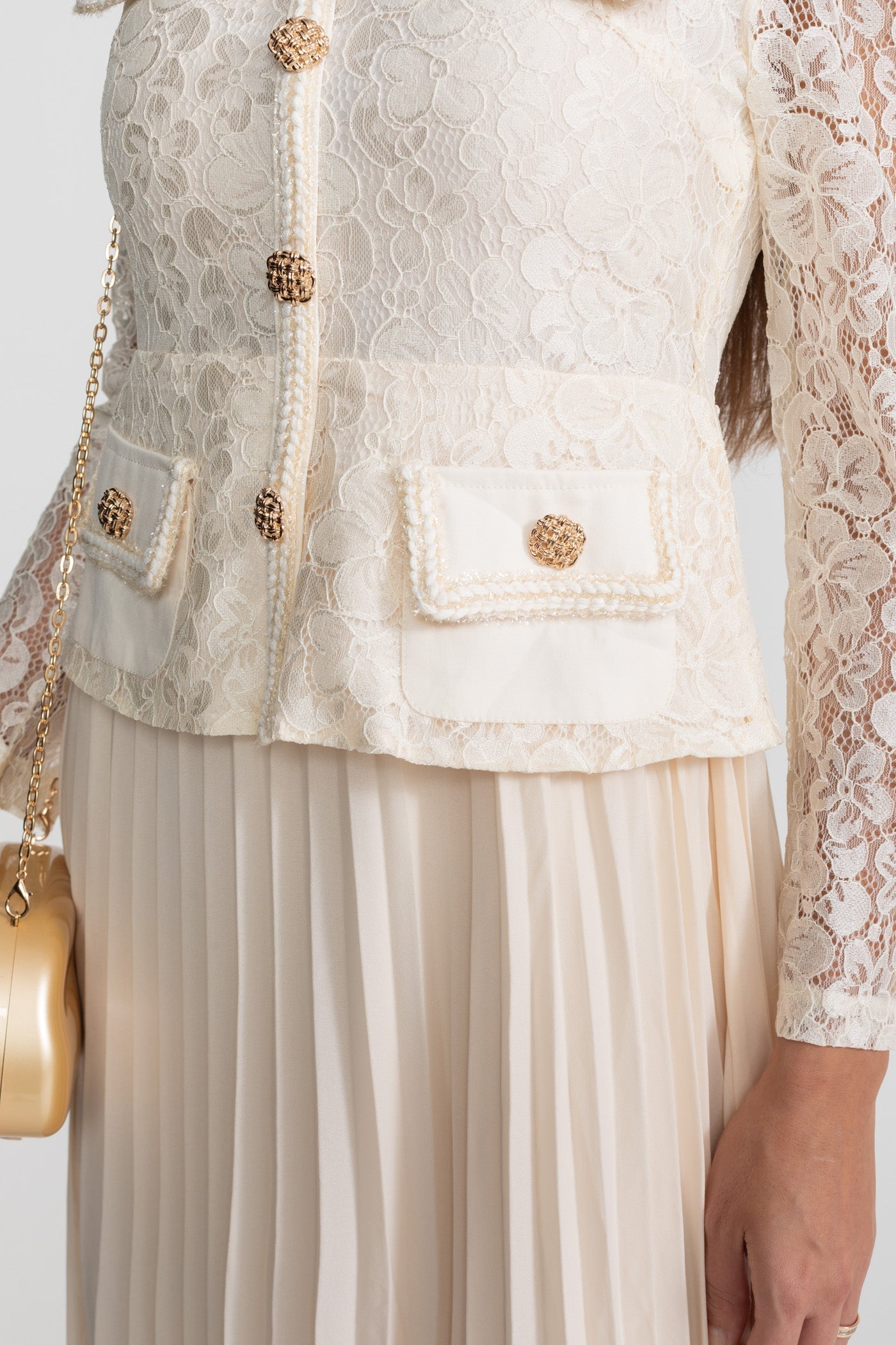 Priya | Lace & Pleated Gold Button Midi Dress