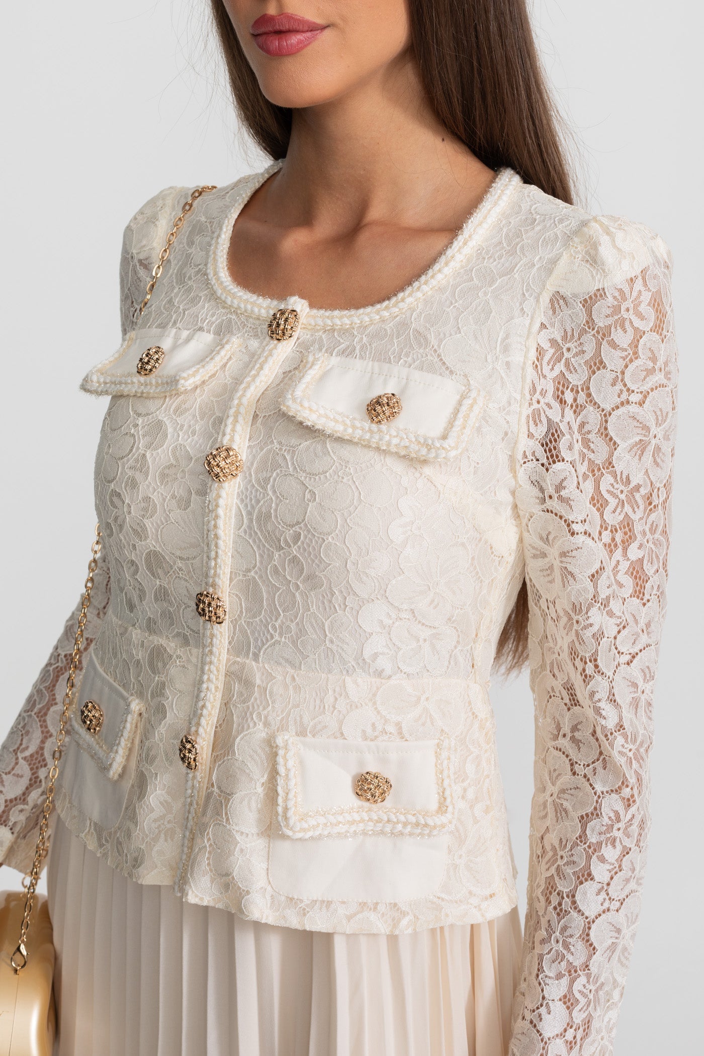 Priya | Lace & Pleated Gold Button Midi Dress