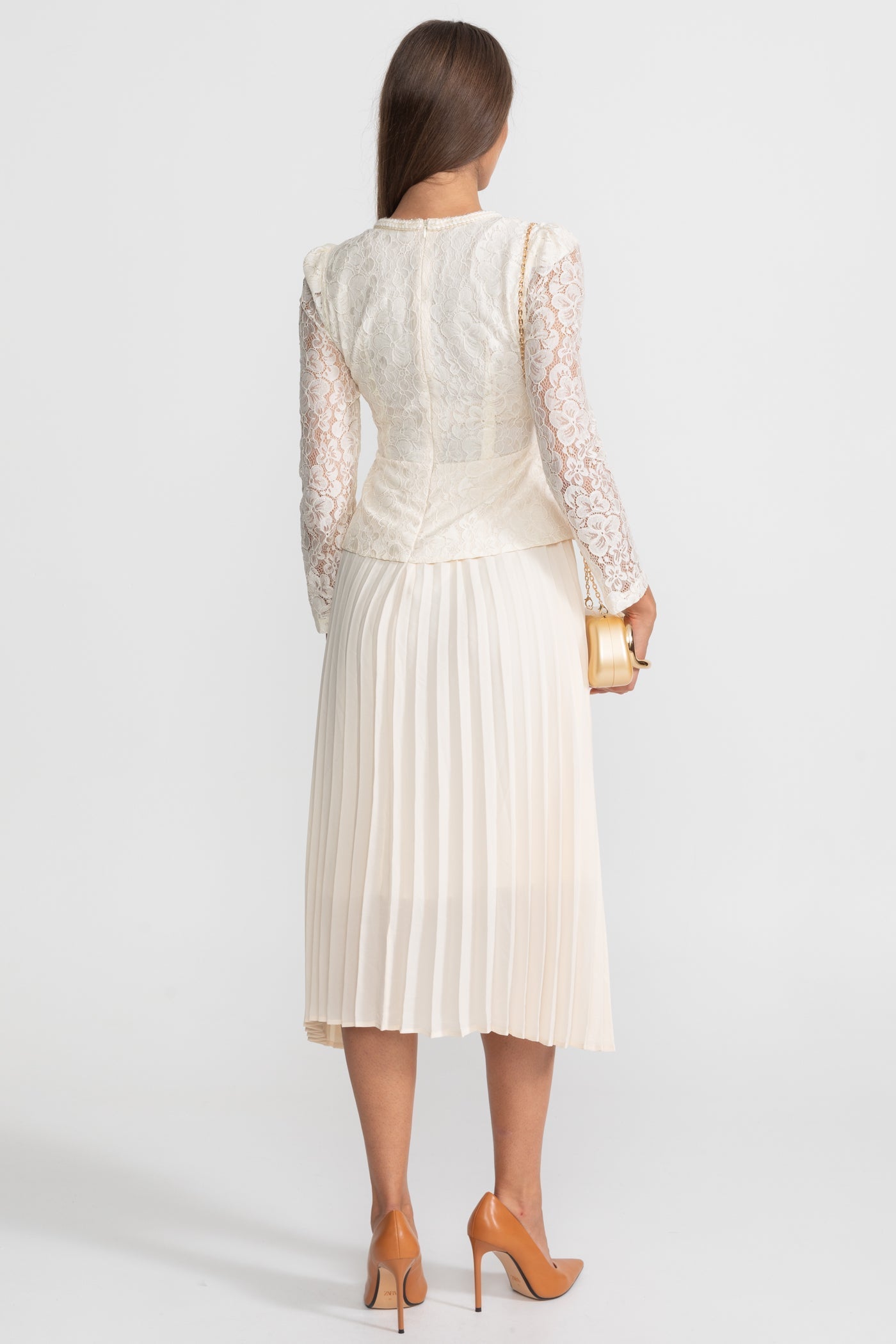 Priya | Lace & Pleated Gold Button Midi Dress