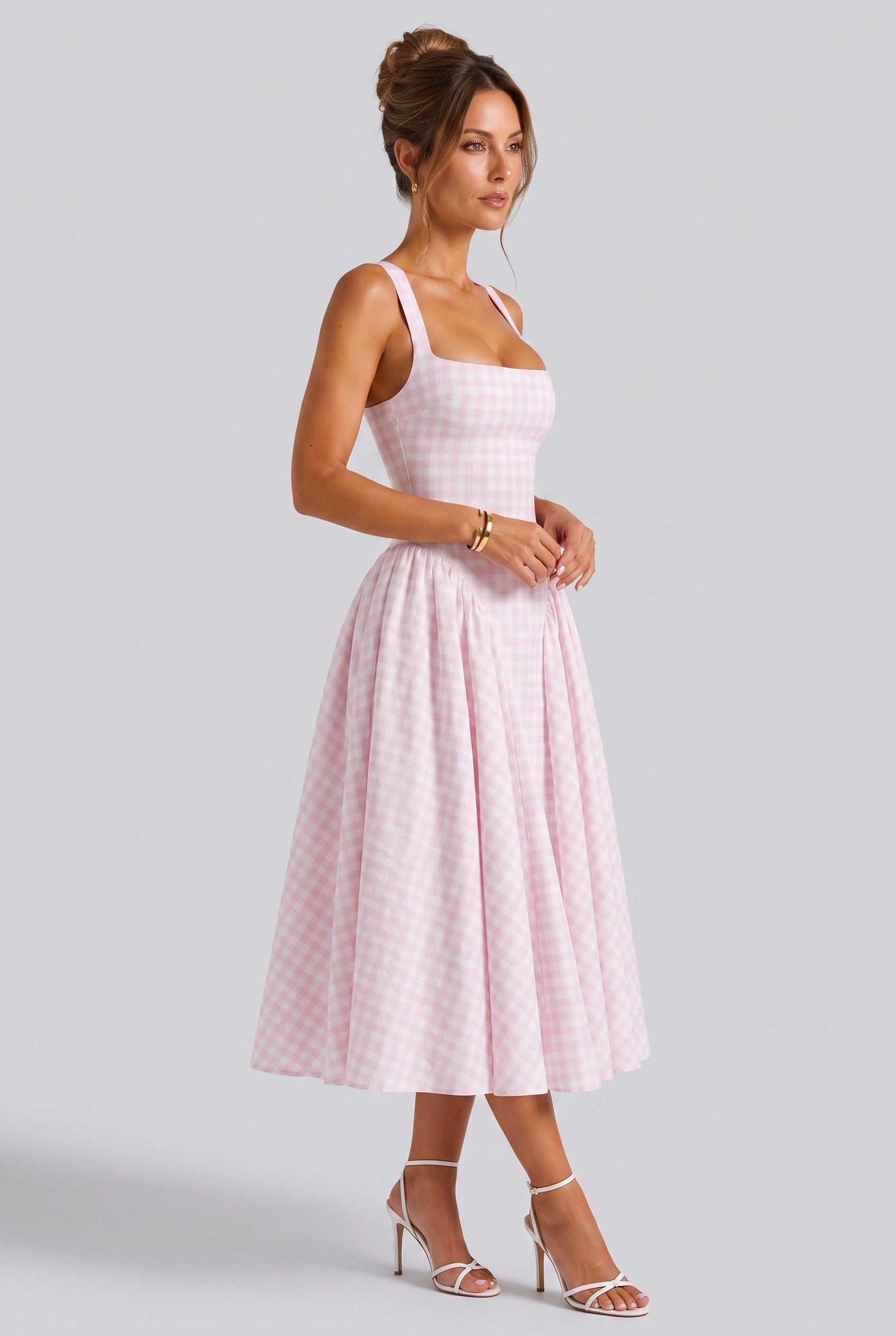Verity | Sculpted Waist Full Skirt Gingham Midi Dress