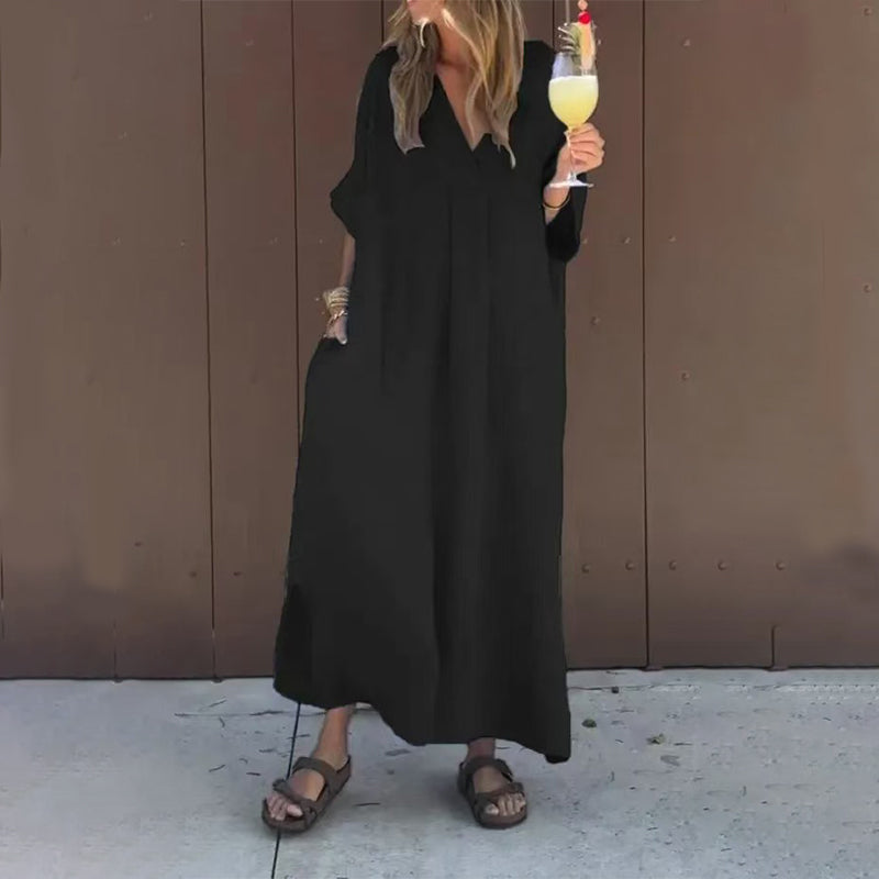 Malena | V-Neck Flowy Linen-Blend Midi Dress