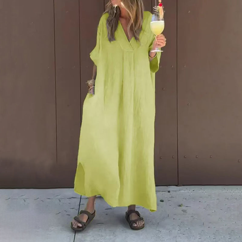 Malena | V-Neck Flowy Linen-Blend Midi Dress