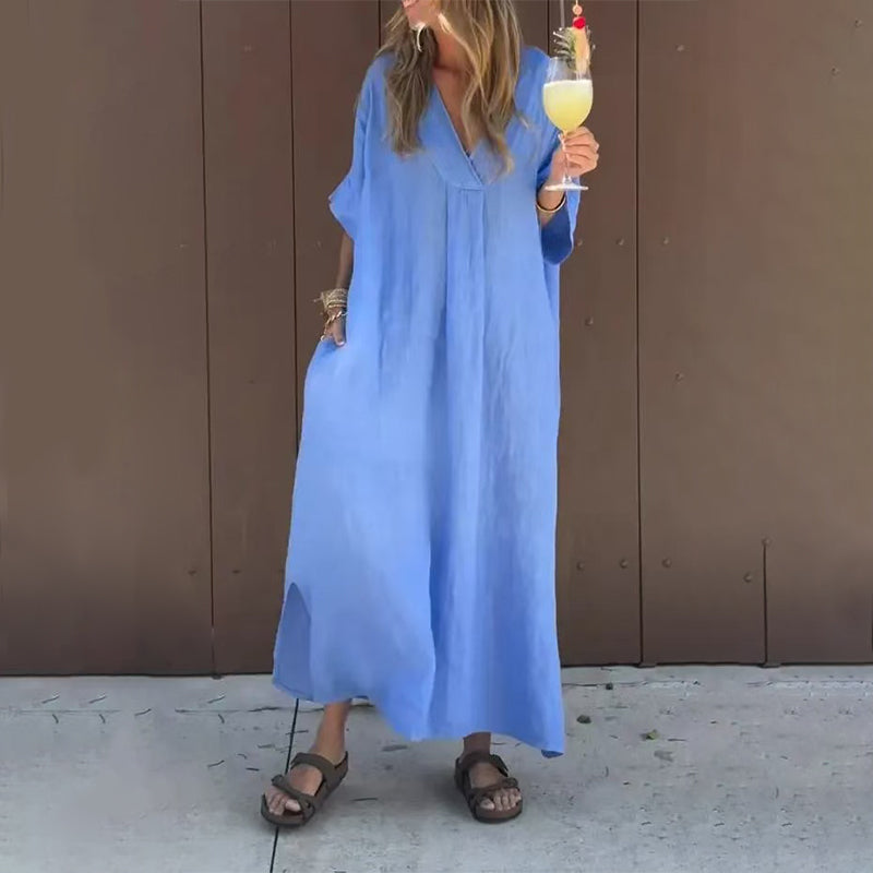Malena | V-Neck Flowy Linen-Blend Midi Dress