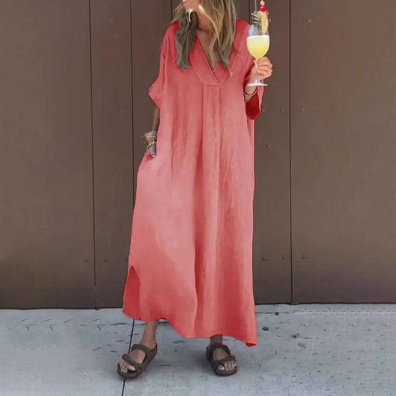 Malena | V-Neck Flowy Linen-Blend Midi Dress