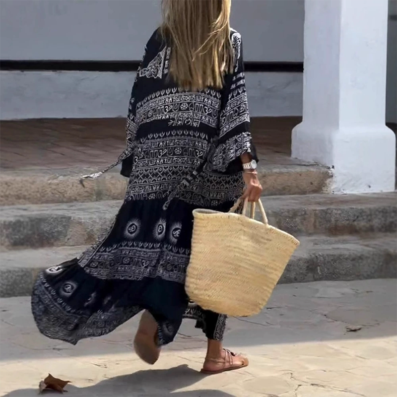 Wren | Ethnic Print Belted Long Sleeve Maxi Dress