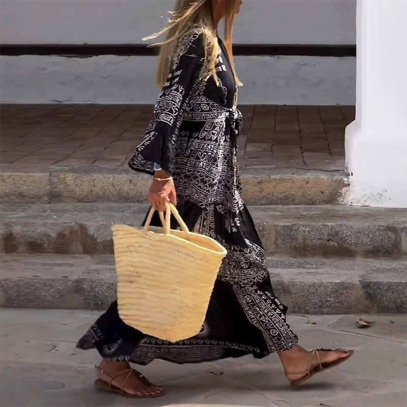 Wren | Ethnic Print Belted Long Sleeve Maxi Dress