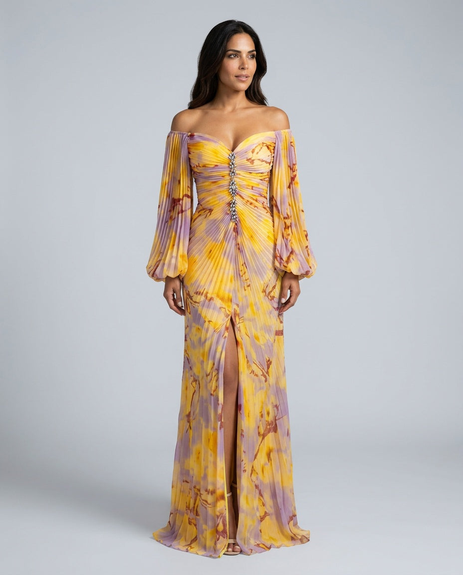 Elodie | Off-Shoulder Pleated Print Maxi Dress
