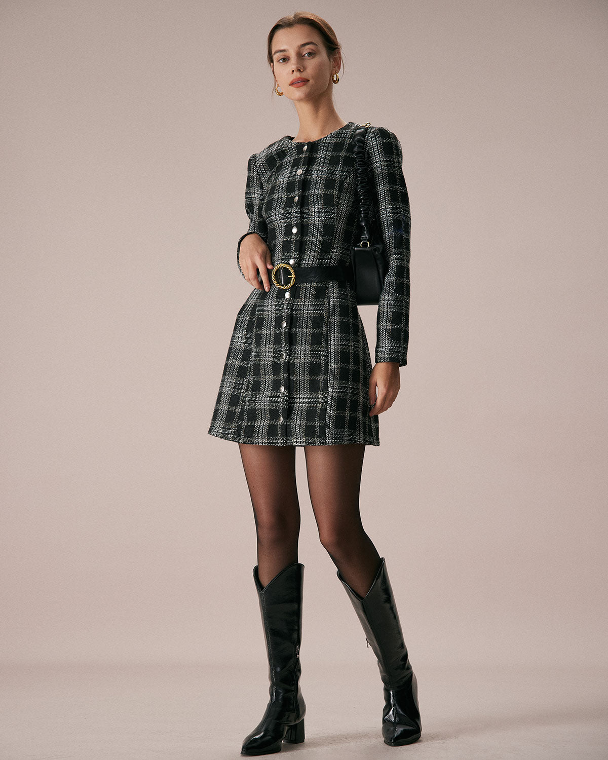 Elin | Crew Neck Plaid A-Line Mini Dress