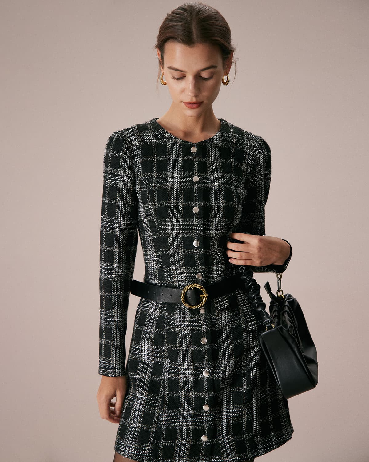Elin | Crew Neck Plaid A-Line Mini Dress