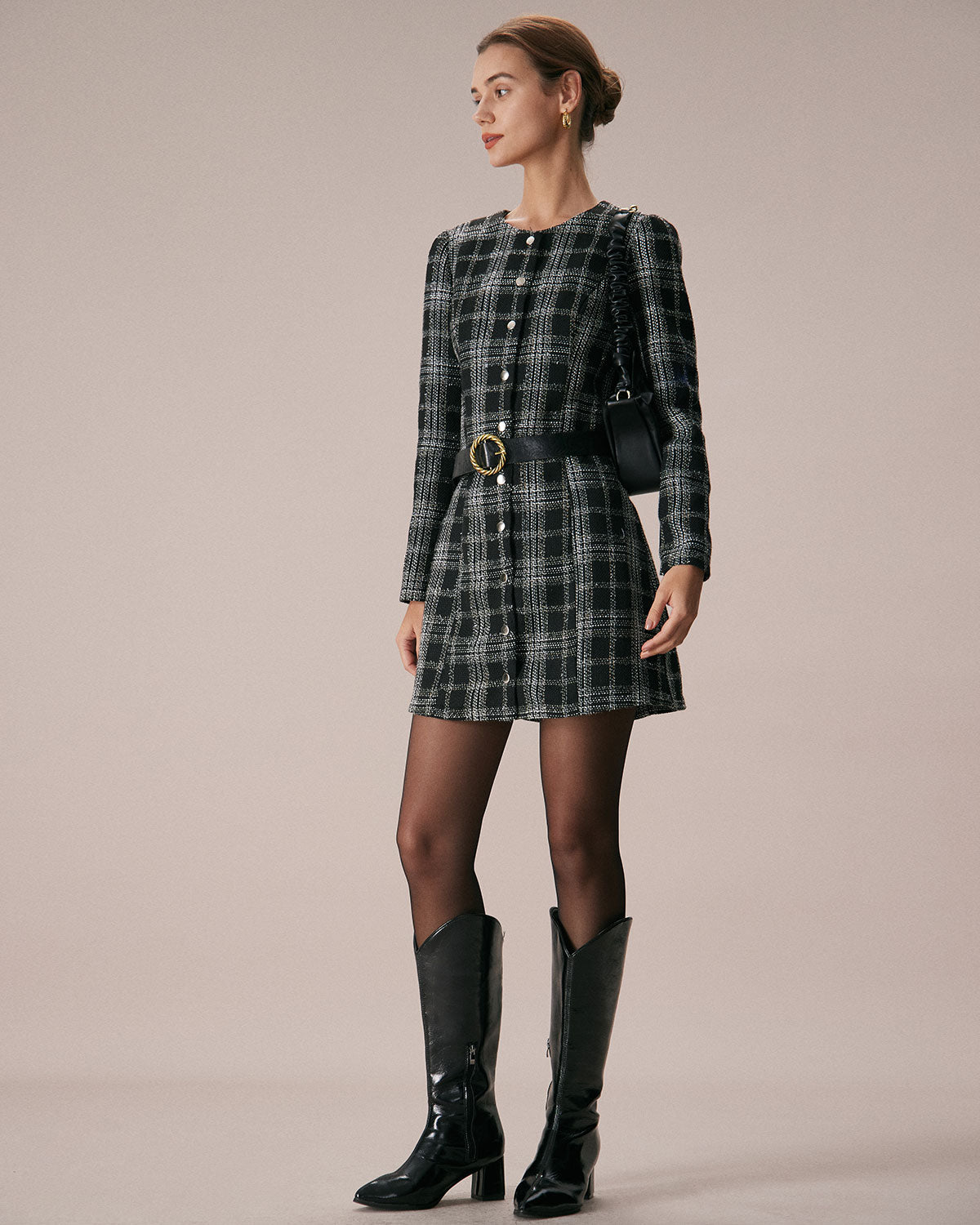 Elin | Crew Neck Plaid A-Line Mini Dress