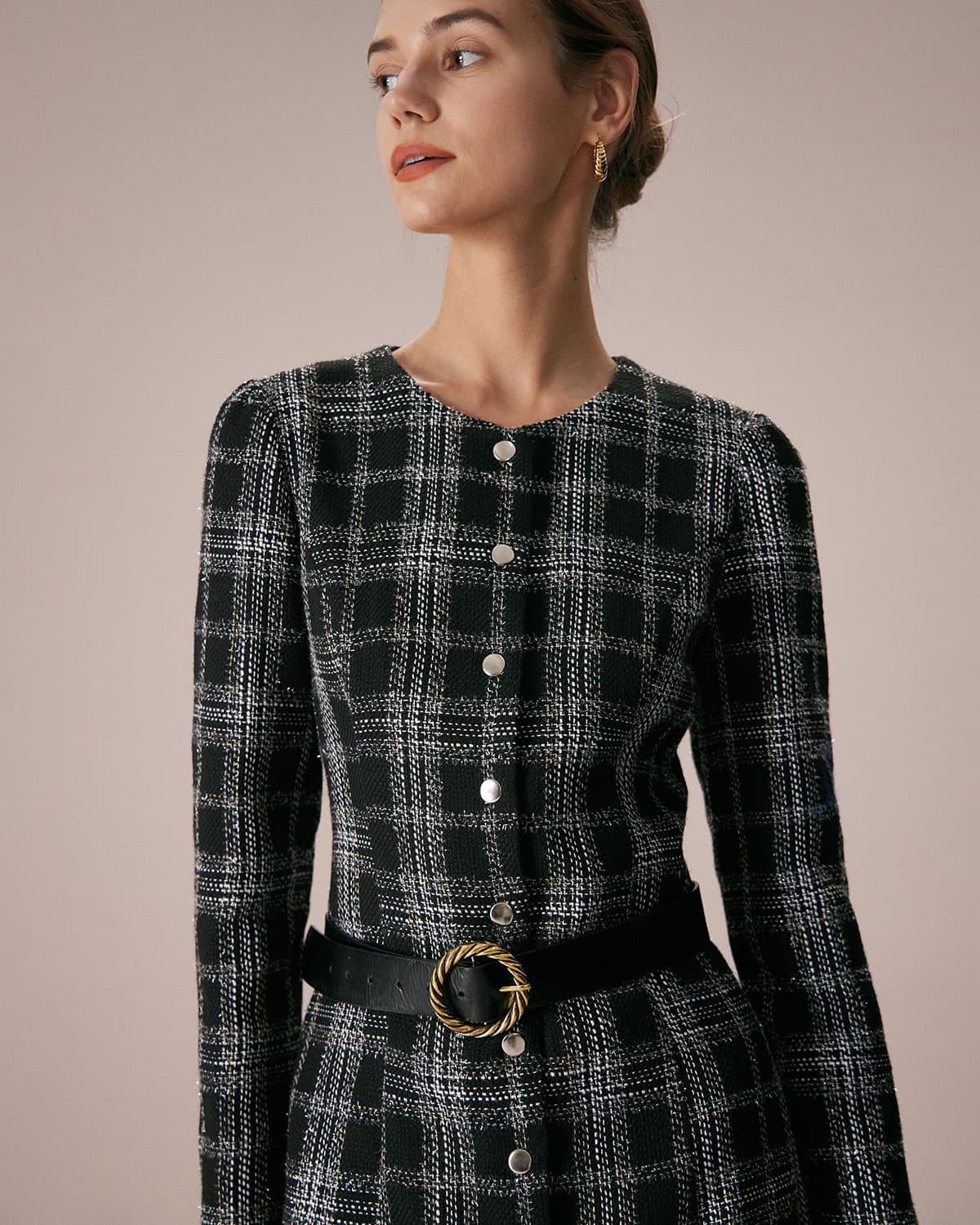 Elin | Crew Neck Plaid A-Line Mini Dress