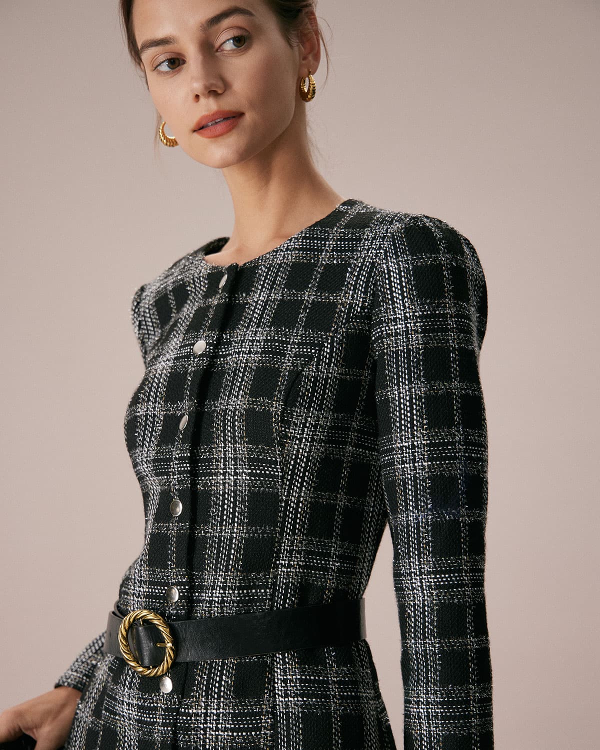 Elin | Crew Neck Plaid A-Line Mini Dress