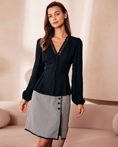 Liv | V-Neck Lace Trim Button Blouse