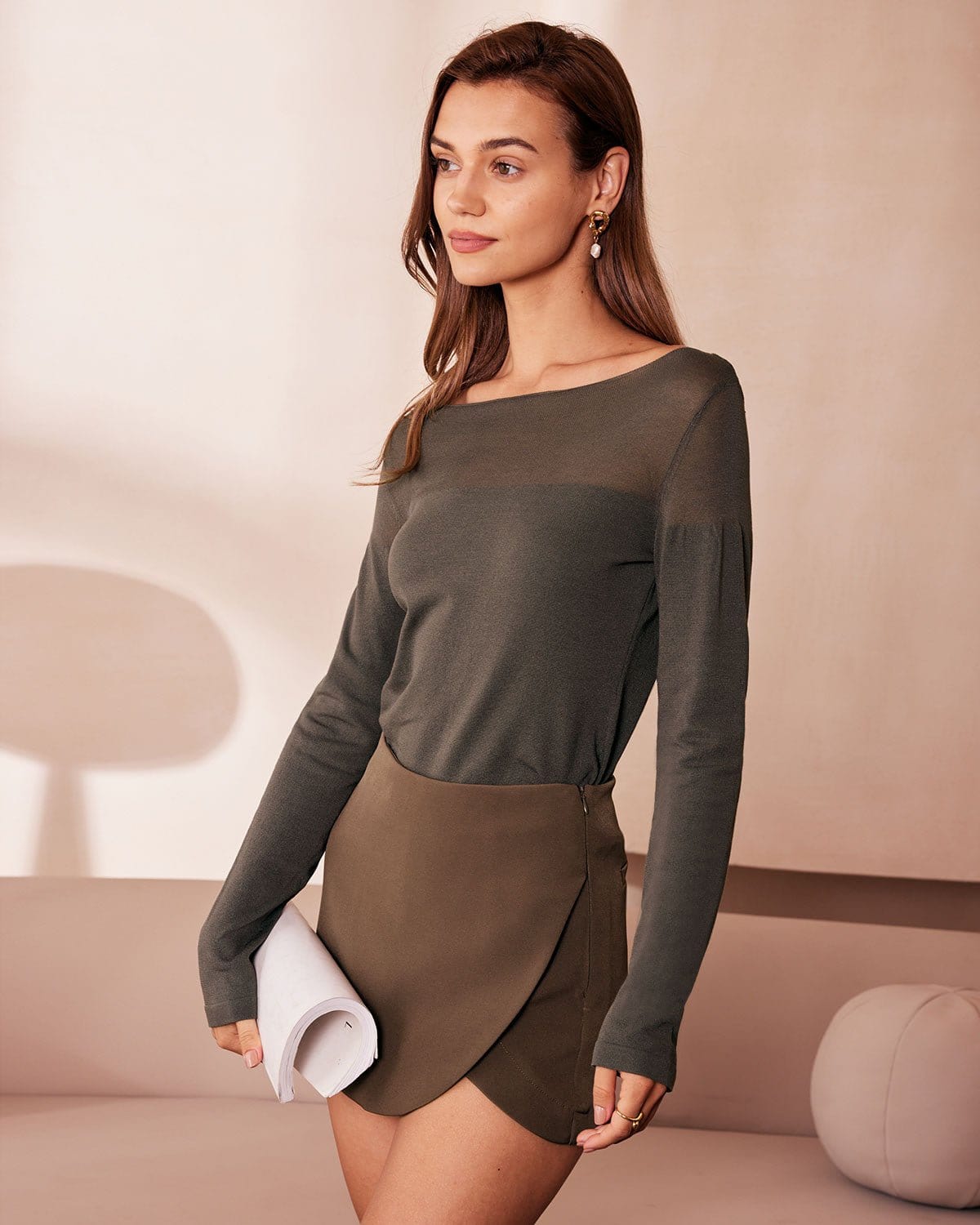 Zara | Army Green Sheer Boat Neck Knit Top