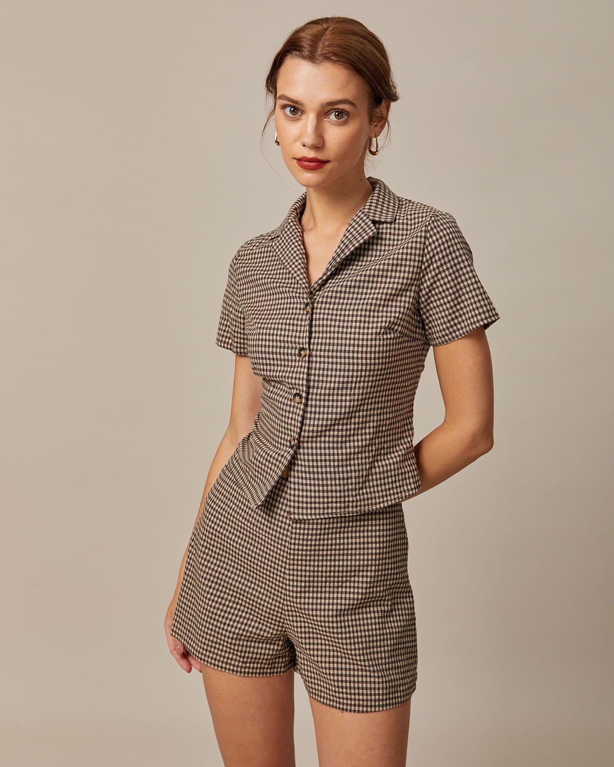 Liv | Gingham Lapel Short Sleeve Blouse