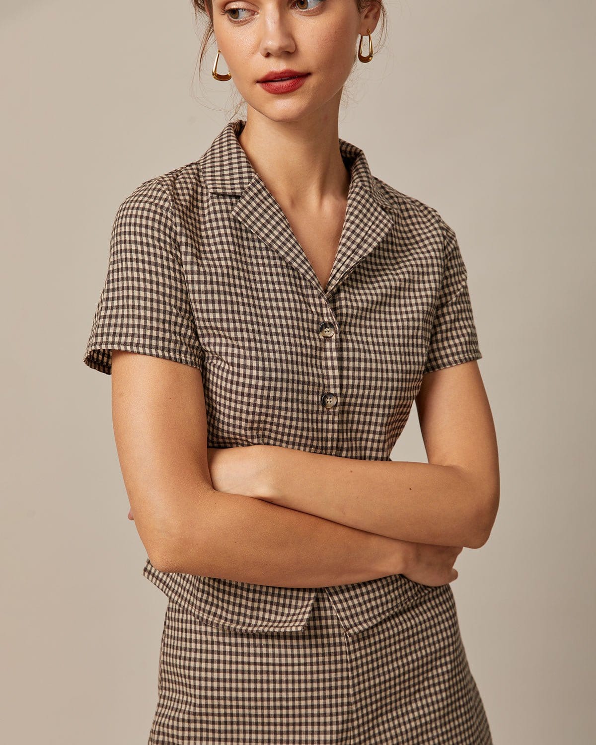 Liv | Gingham Lapel Short Sleeve Blouse