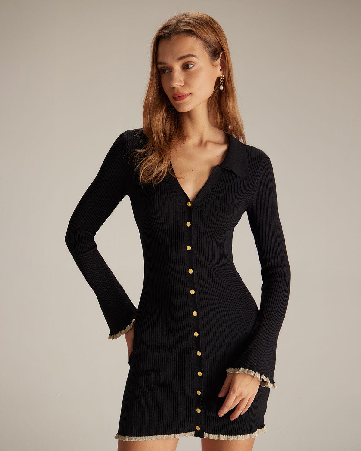 Leona | V-Neck Contrast Trim Knit Mini Dress
