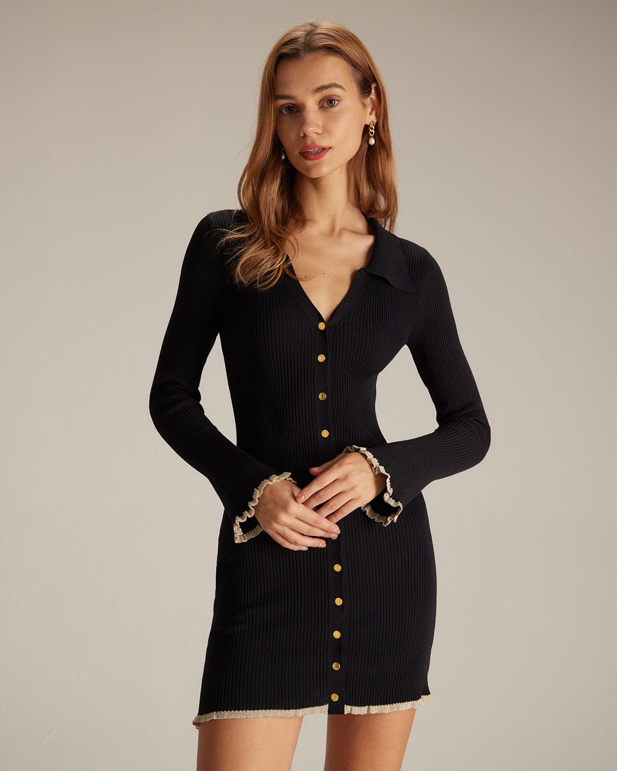 Leona | V-Neck Contrast Trim Knit Mini Dress