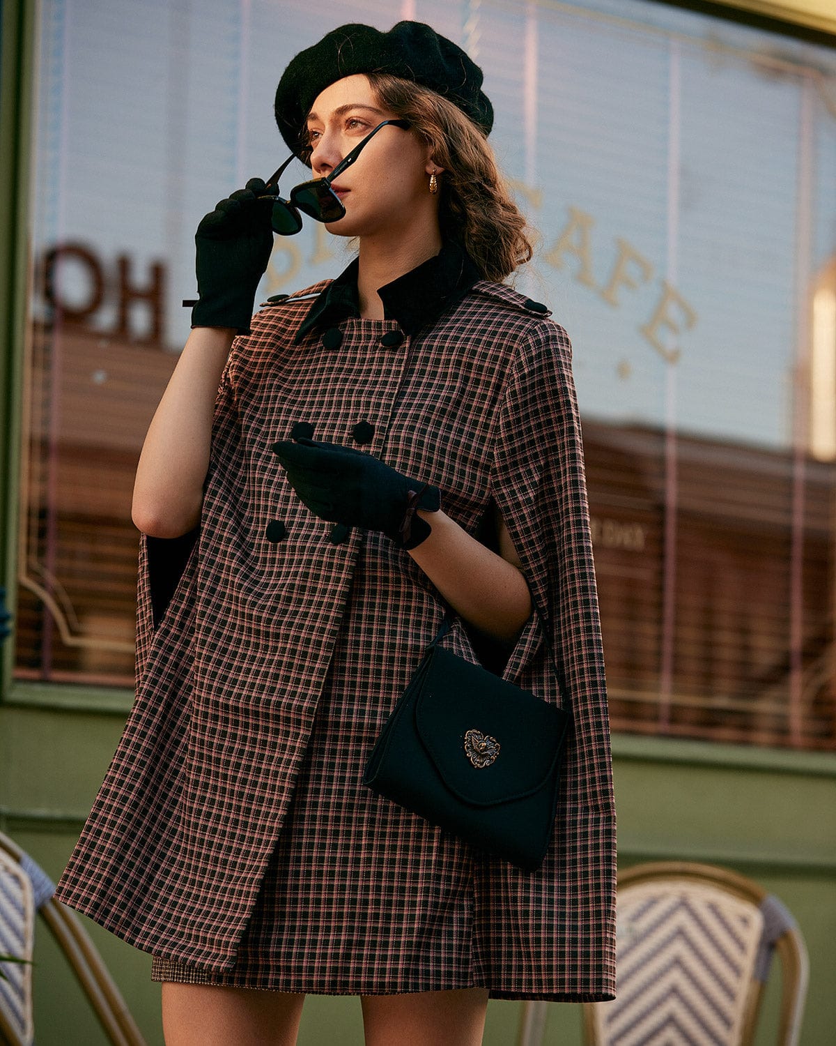Vera | Double-Breasted Plaid Cape Coat