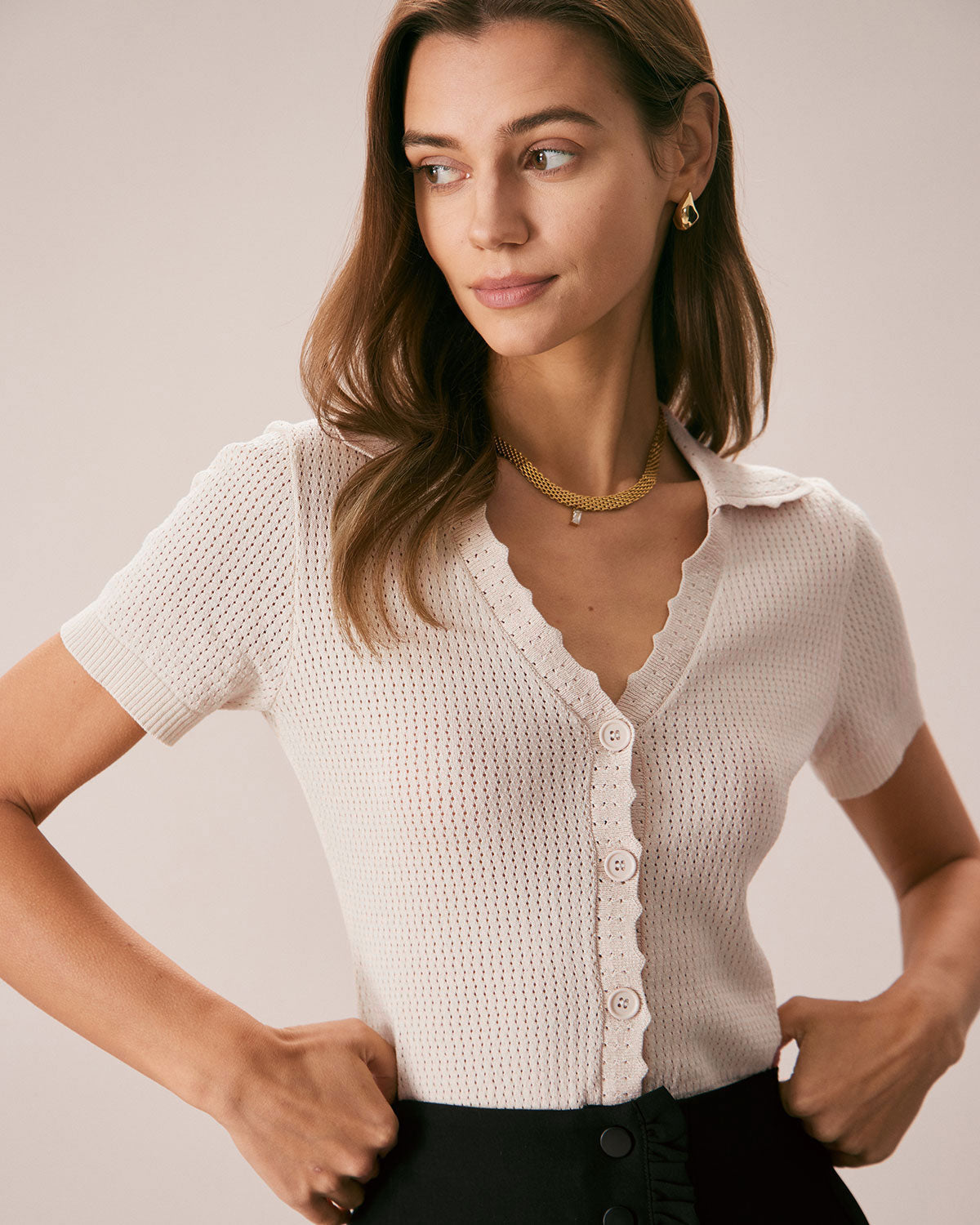 Ines | V-Neck Button Pointelle Knit Top