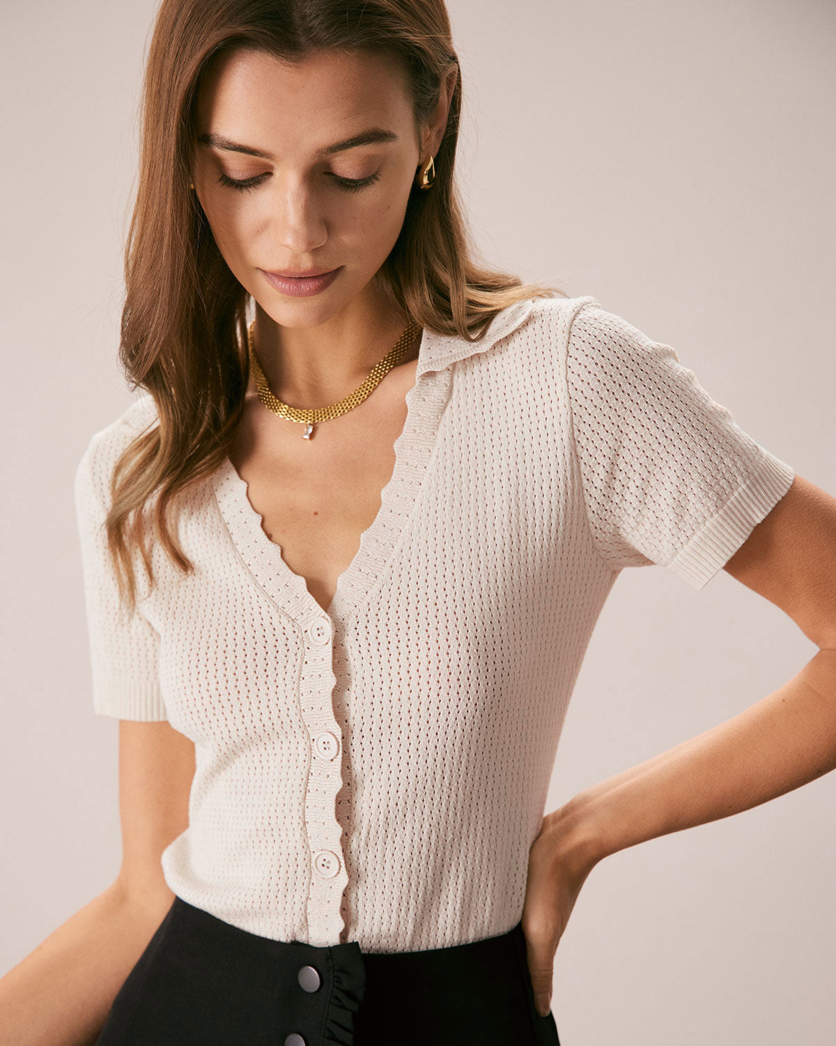Ines | V-Neck Button Pointelle Knit Top