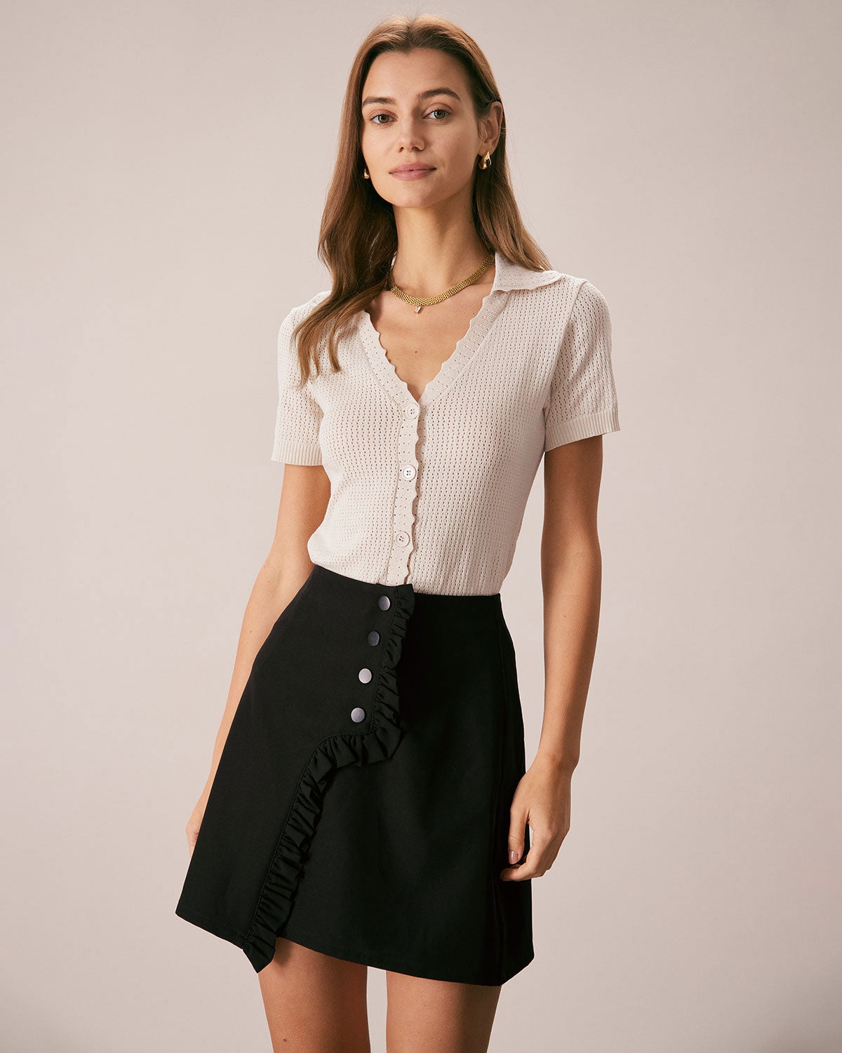 Ines | V-Neck Button Pointelle Knit Top