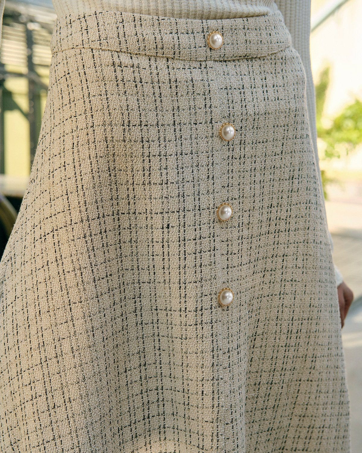Ines | High Waist Pearl Button Tweed Midi Skirt