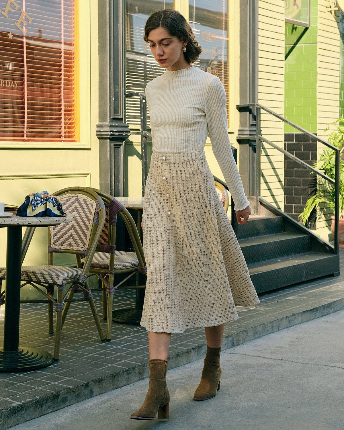 Ines | High Waist Pearl Button Tweed Midi Skirt