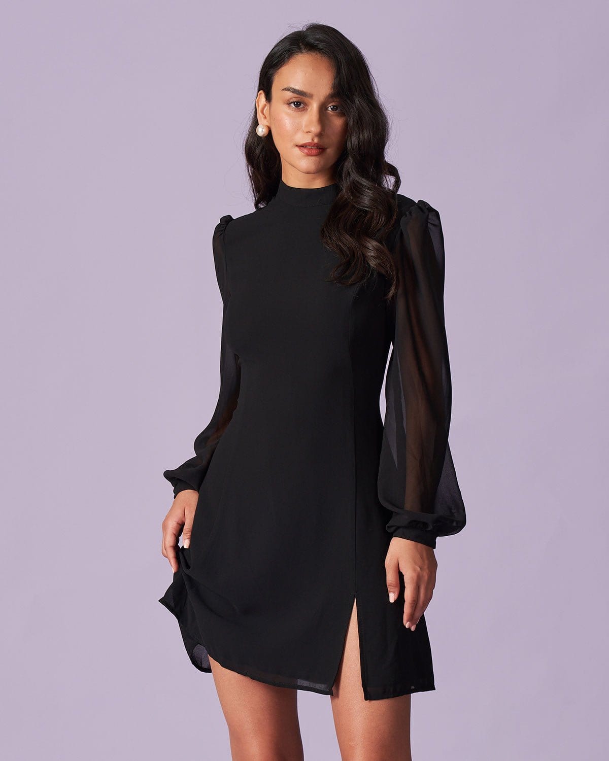 Rosa | Stand Collar Sheer Slit Mini Dress