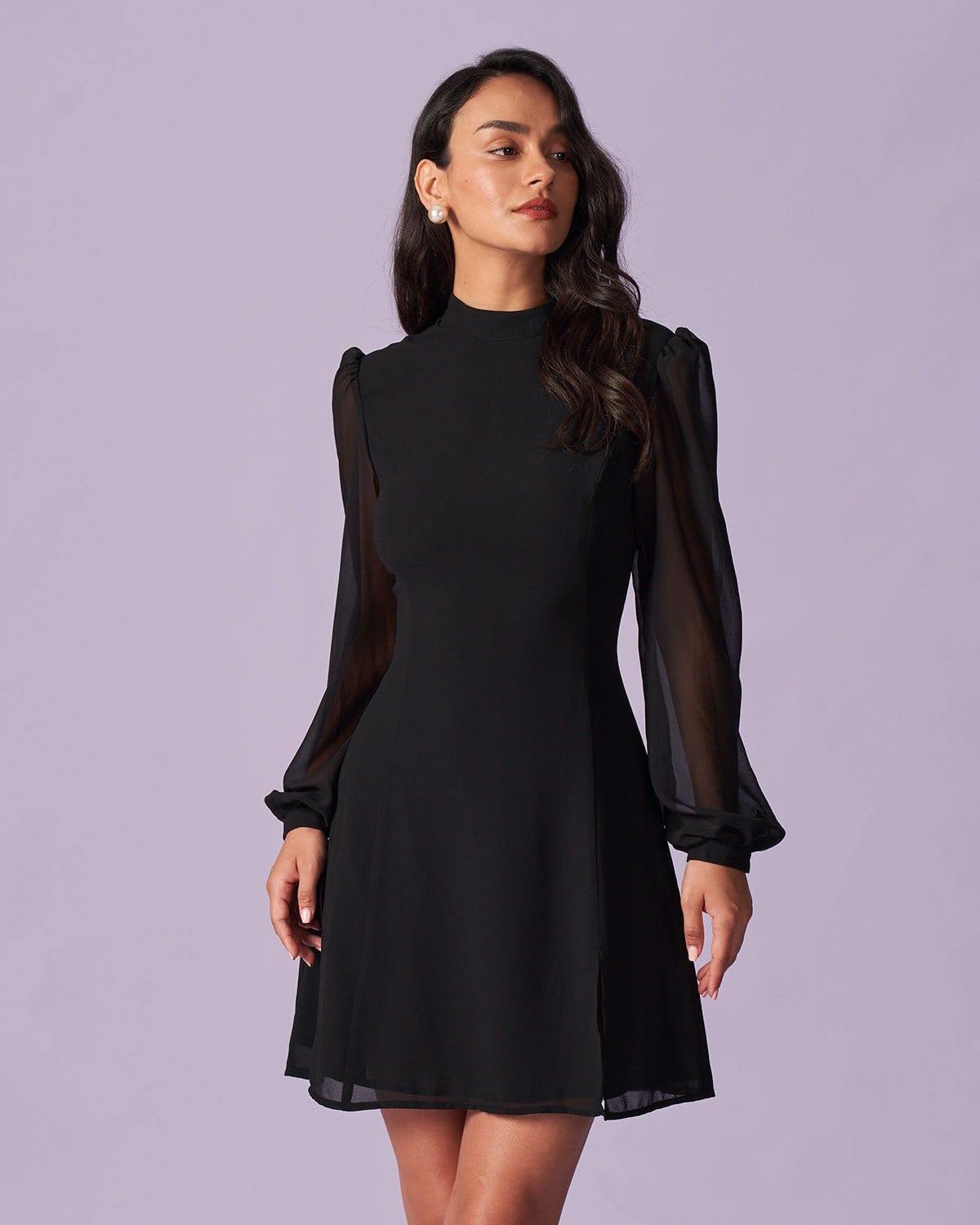 Rosa | Stand Collar Sheer Slit Mini Dress