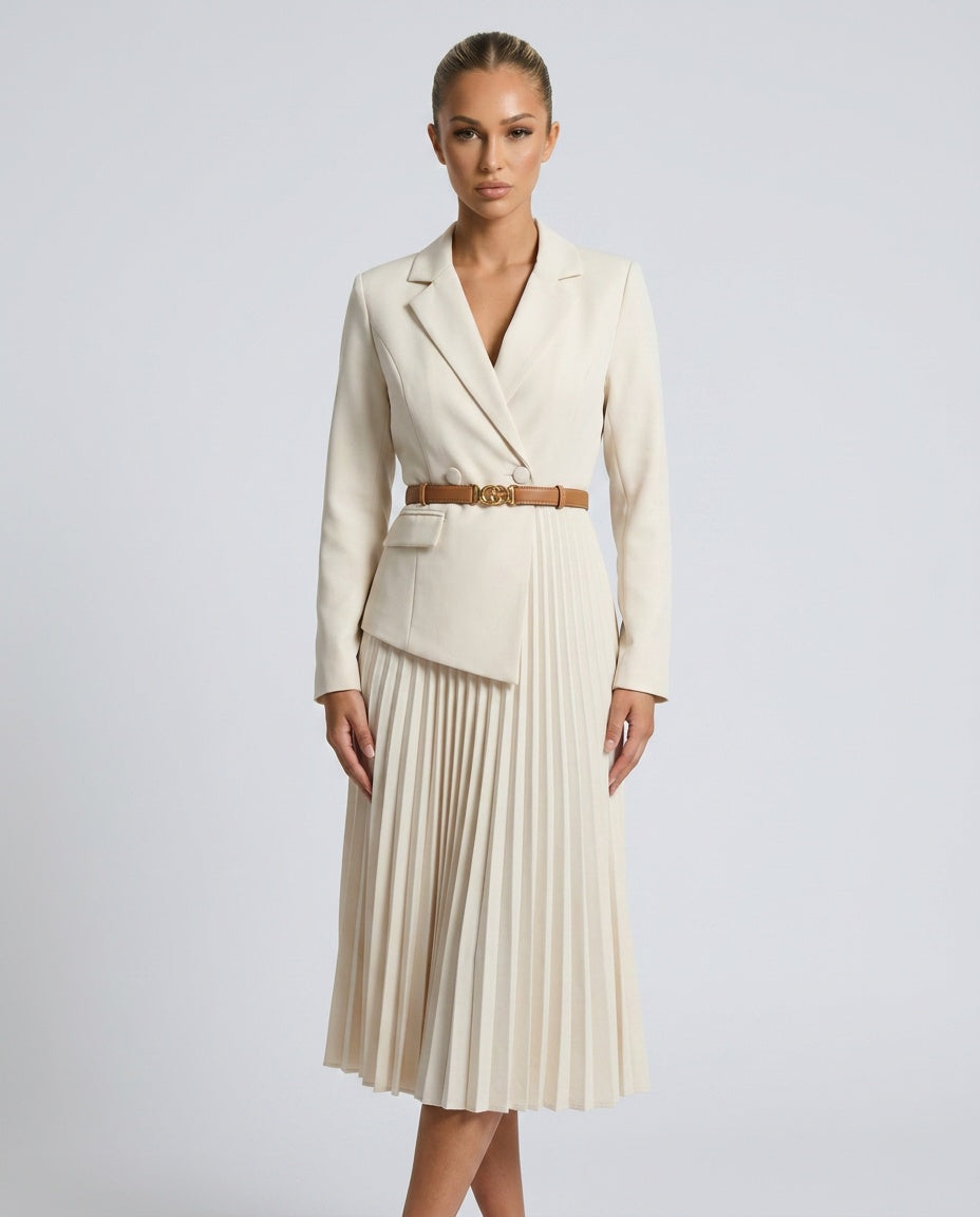 Cleona | Pleated Skirt Blazer-Style Midi Dress