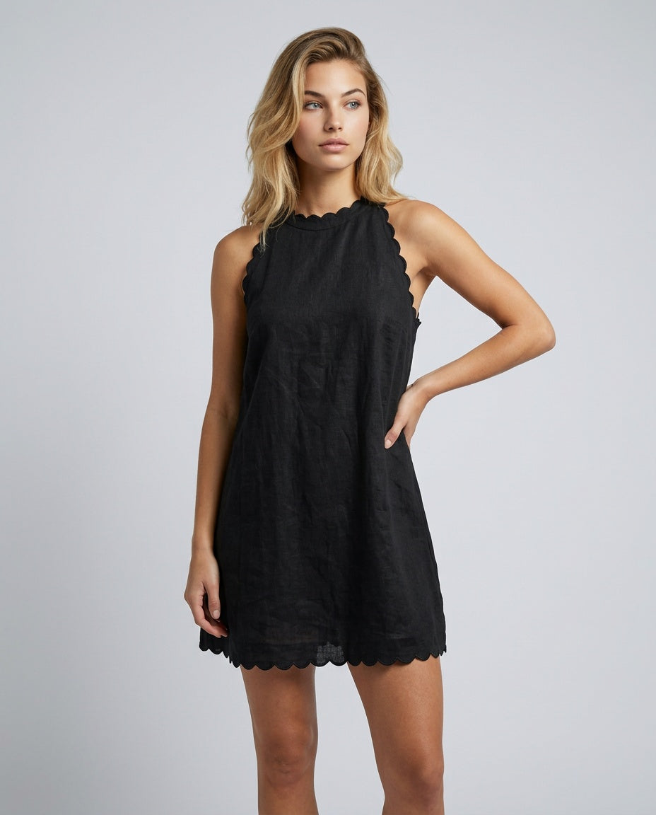 Caliora | Sleeveless Wavy Trim Linen-Blend Mini Dress