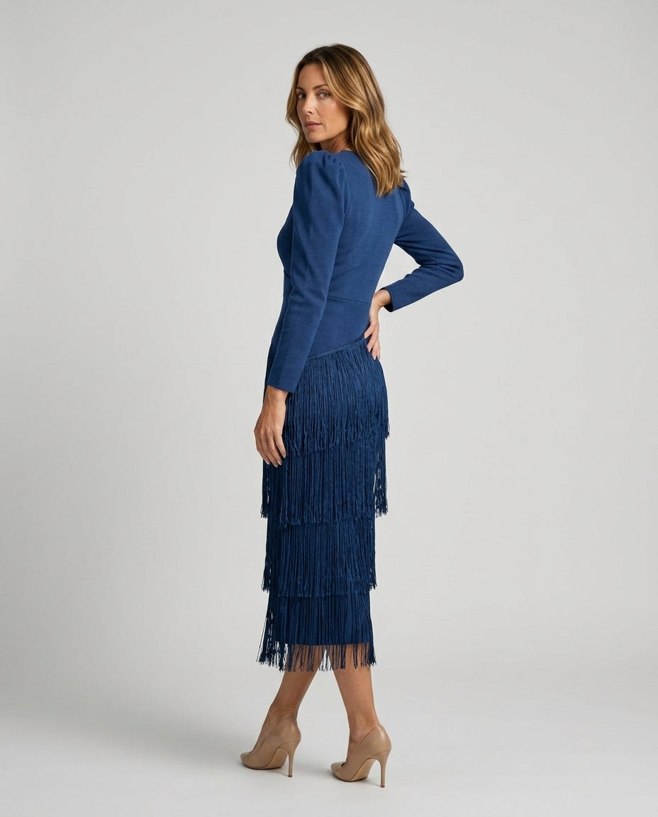 Brigitte | Fringe V-Neck Long Sleeve Midi Dress