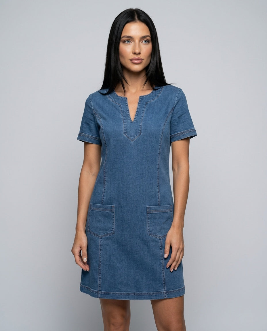 Denim | Short Sleeve V-Neck Mini Dress with Pockets