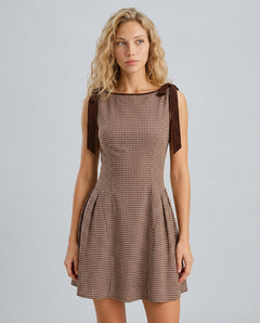Coralie | Brown Gingham Tie Strap Mini Dress
