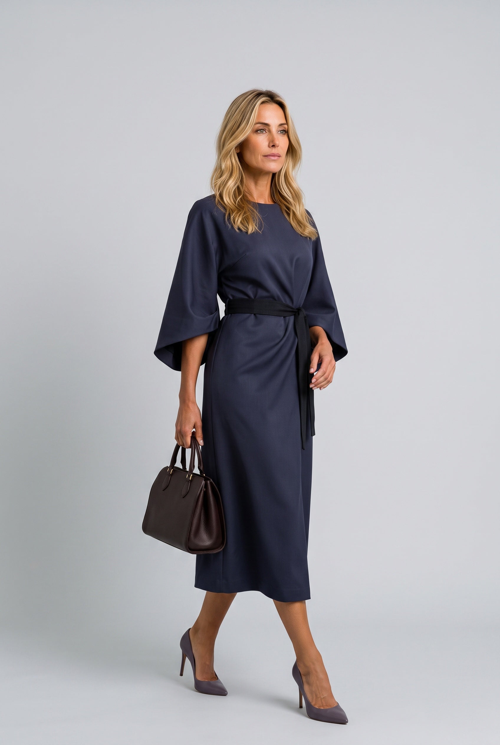 Esme | Wide Sleeve Belted Round Neck Midi Dress