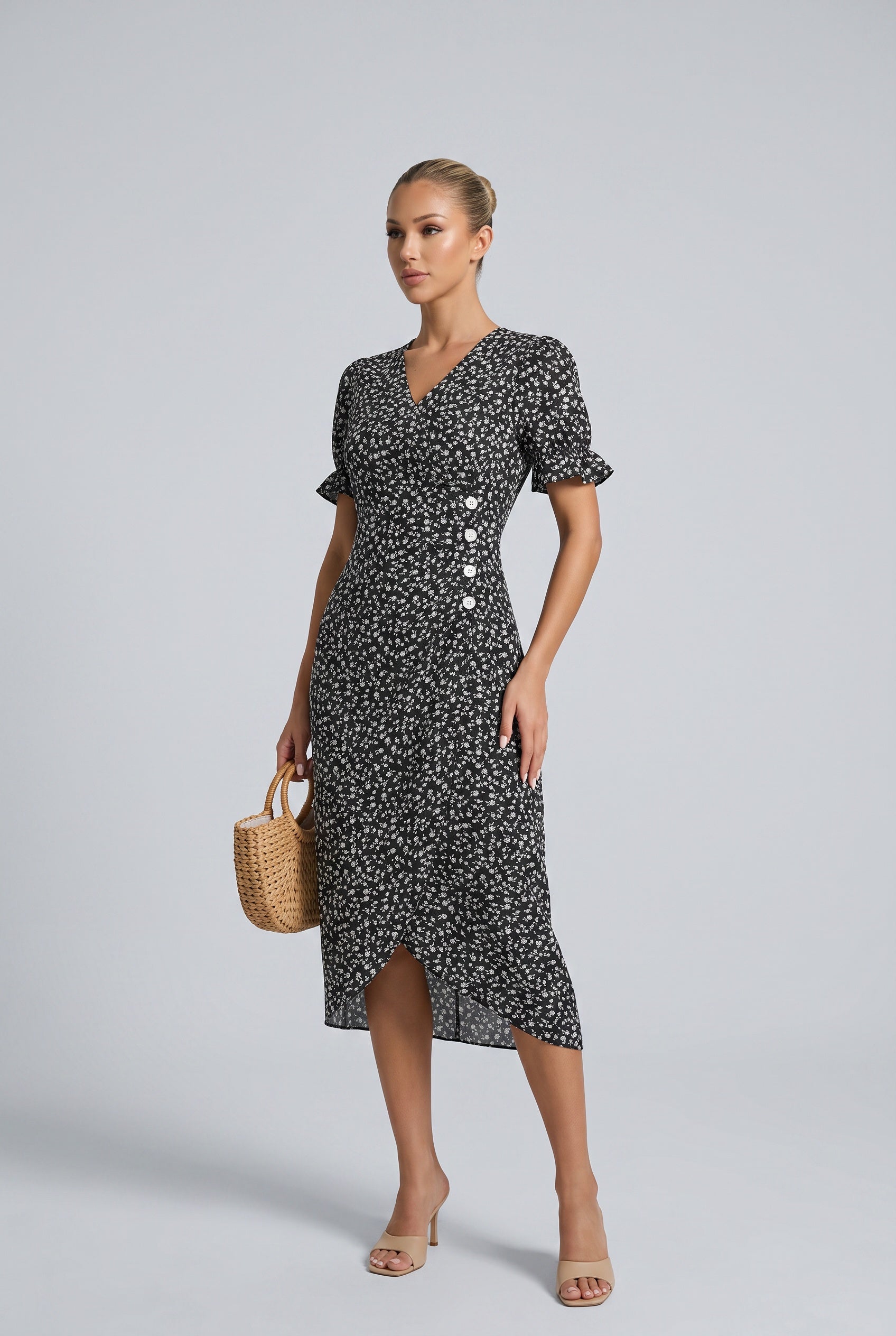 Greta | V-Neck Wrap Short Sleeve Midi Dress