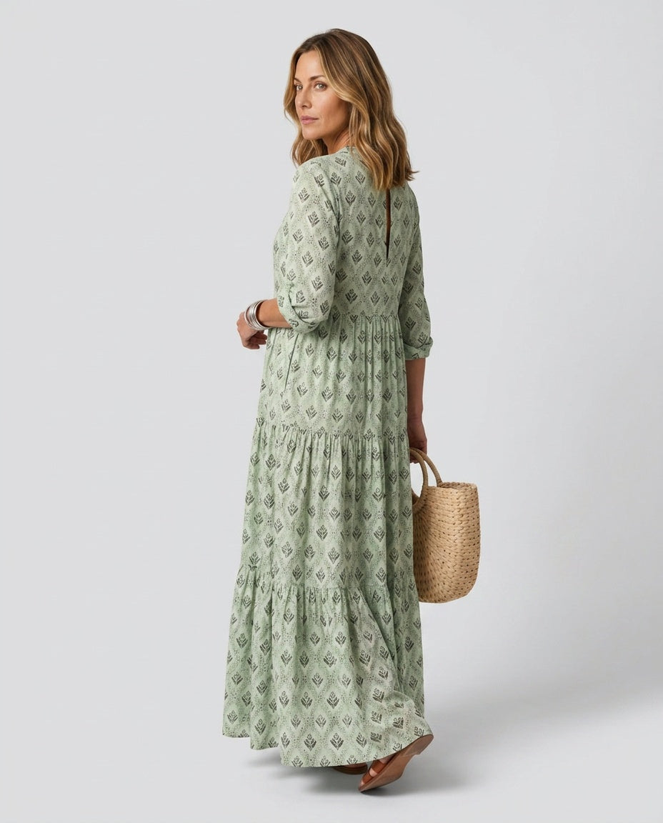 Maeve | Notch Neck Printed Long Sleeve Maxi Dress