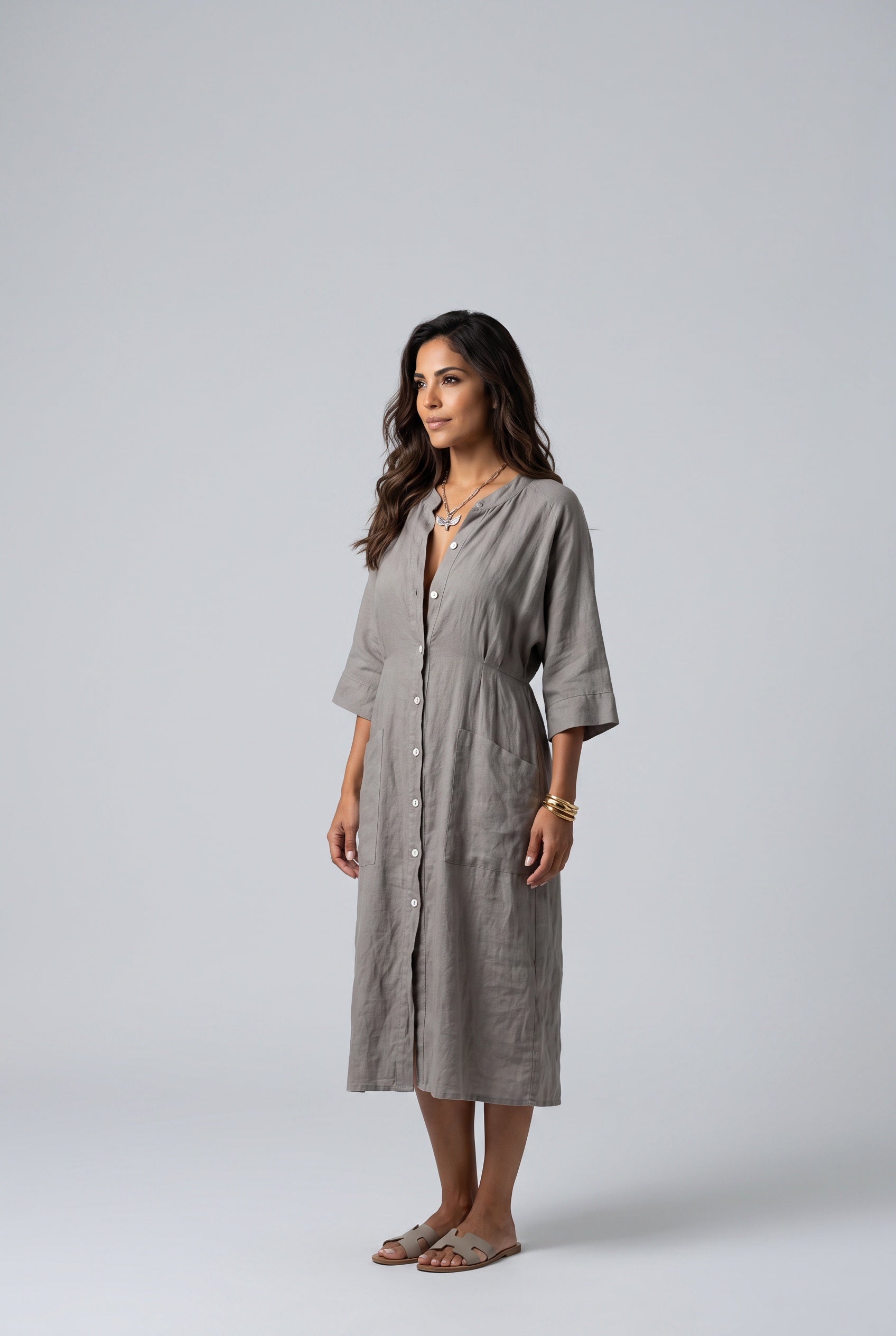 Leticia | Button Front Midi Shirt Dress with Pockets