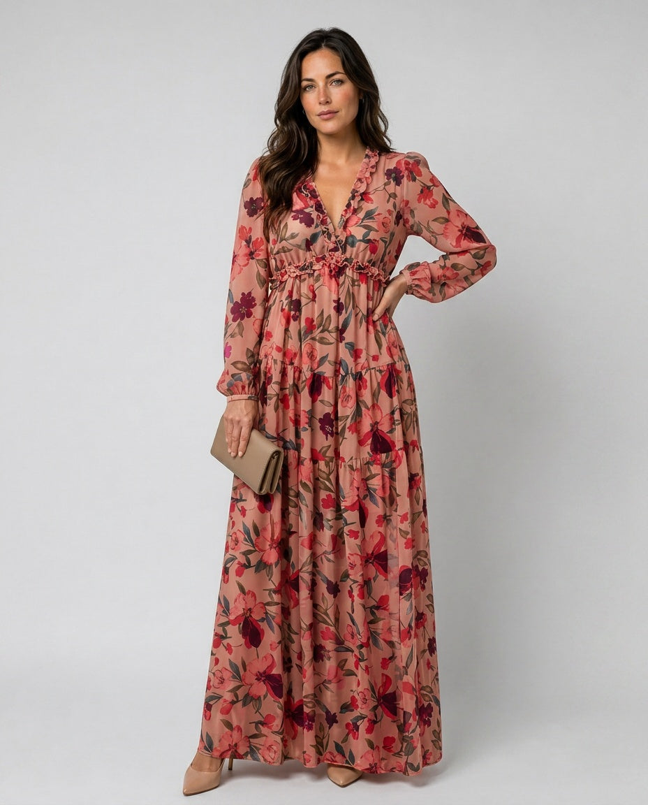 Frankie | Floral Print Long Sleeve Tiered Maxi Dress